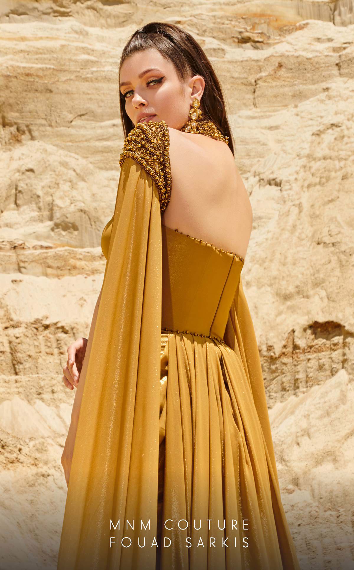 Formal Dresses Fitted Long Metallic Slit Formal Evening Dress Mustard