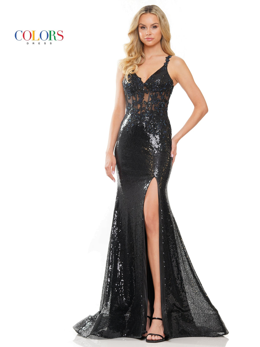 ألوان 2848 فستان سهرة طويل بحمالات رفيعة باللون الأسود