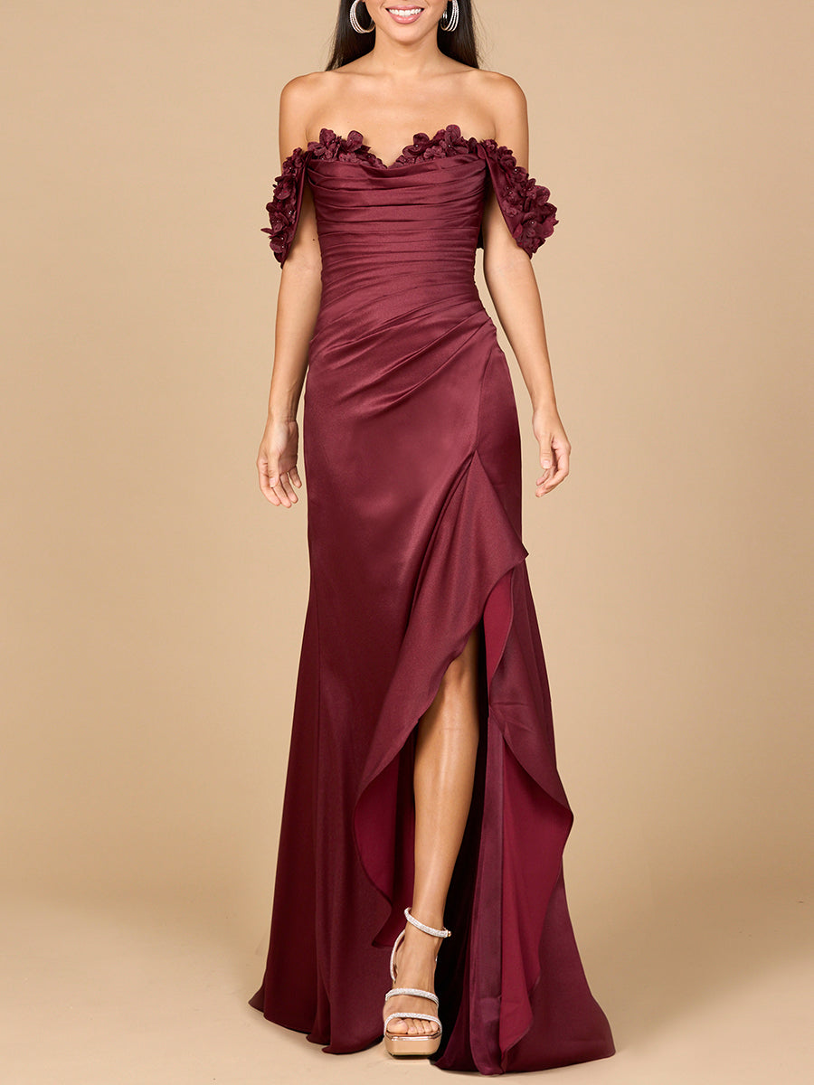 Prom Dresses Long 3D Floral Applique Formal Prom Dress Burgundy