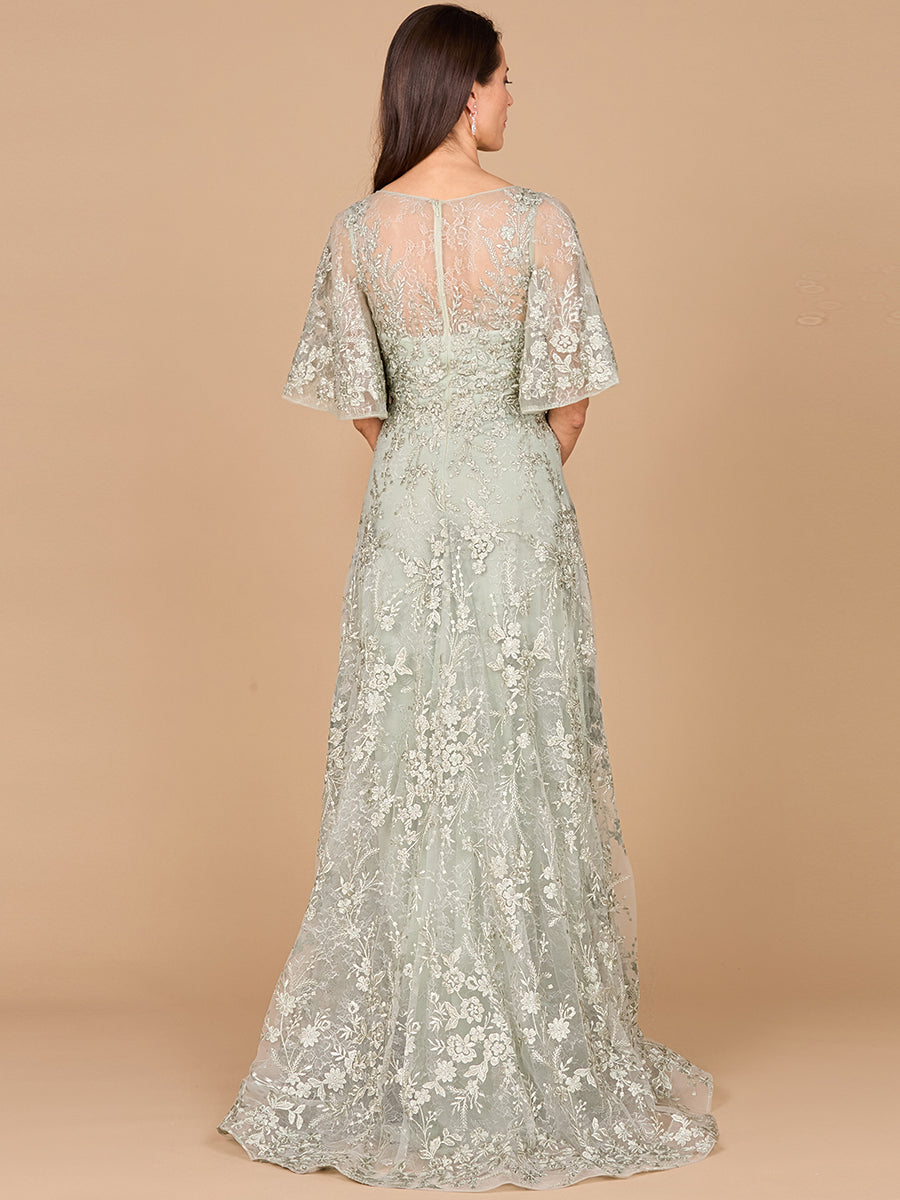 Formal Dresses A Line Lace Long Formal Cape Sleeve Evening Dress Sage