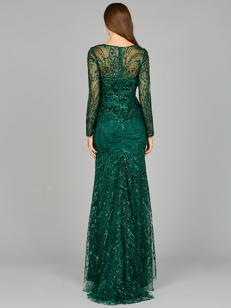 Formal Dresses Long Sleeve Formal Beaded Lace Evening Dress Green