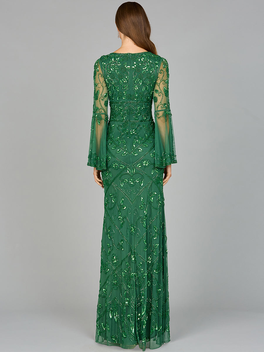 Formal Dresses Long Sleeve Beaded Formal Evening Dress Forest Green