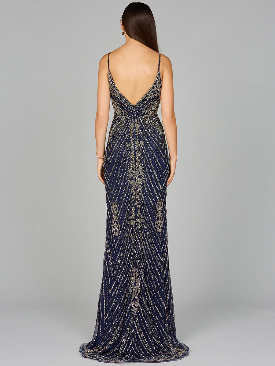 Formal Dresses Prom Long Beaded Formal Evening Dress Navy/Gunmetal