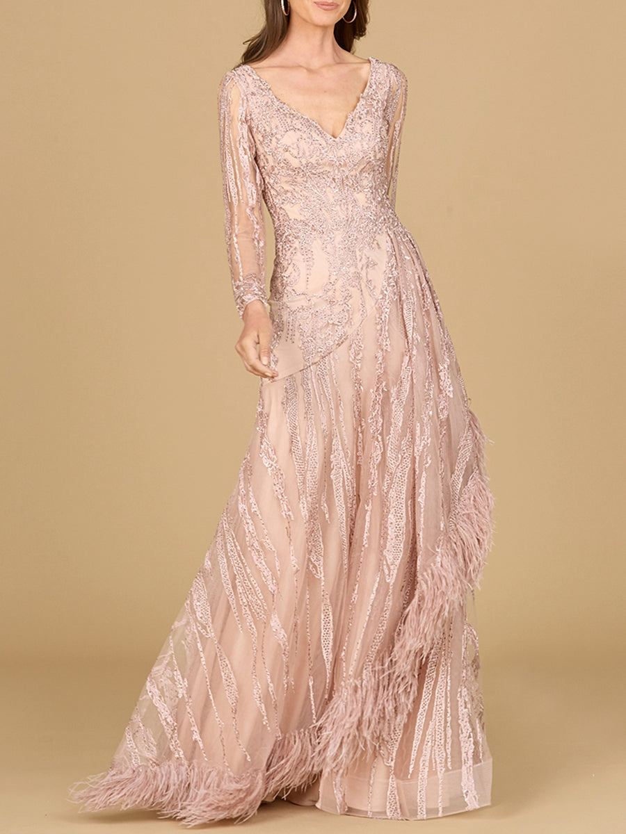 Formal Dresses A Line Long Sleeve Formal Beaded Evening Dress Blush