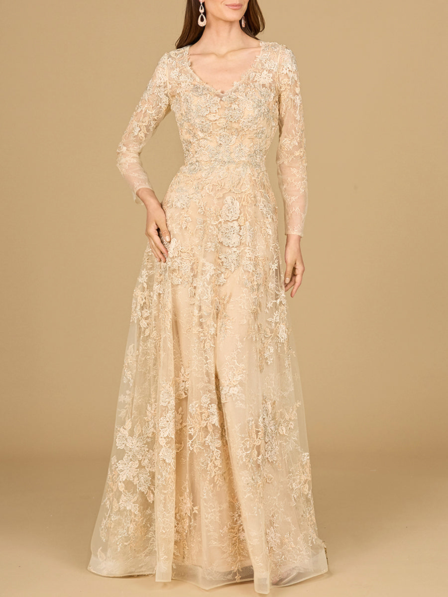 Formal Dresses Long Sleeve A Line Formal Lace Dress Champagne