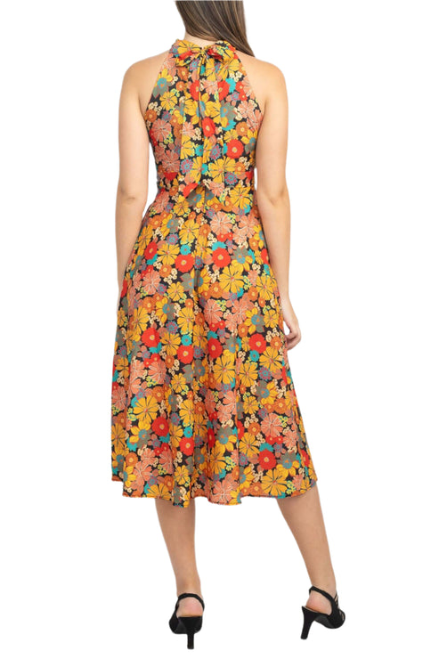Cocktail Dresses A Line Floral Print Midi Length Cocktail Dress Black Mustard