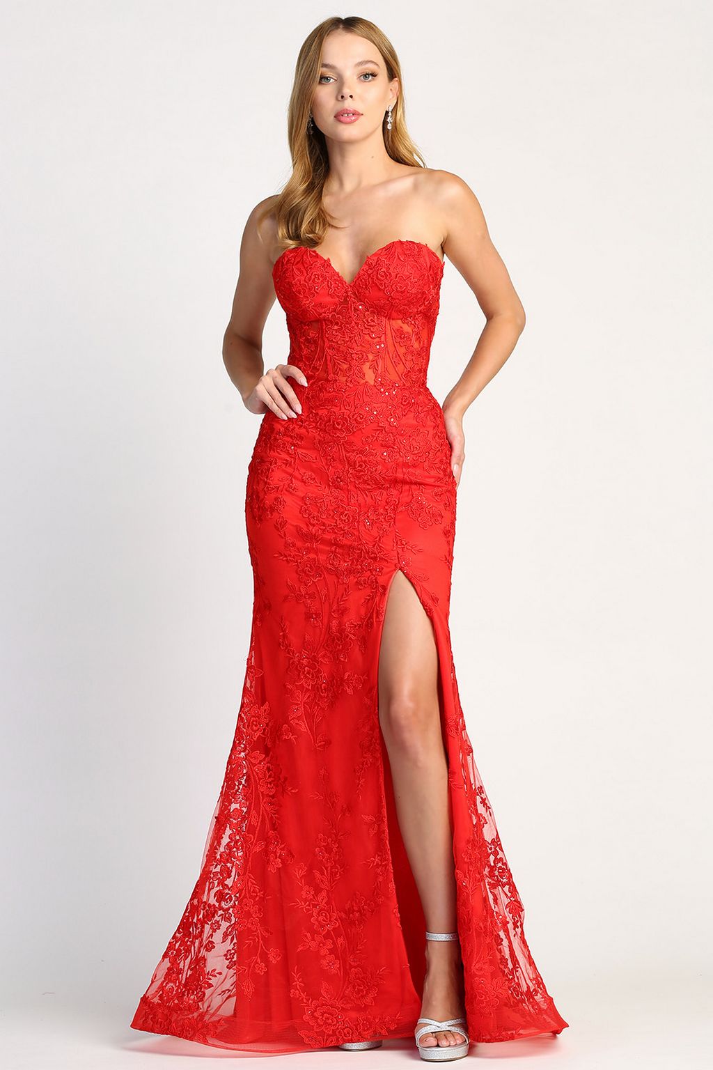 Prom Dresses Beaded Long Formal Lace Prom Dress Red