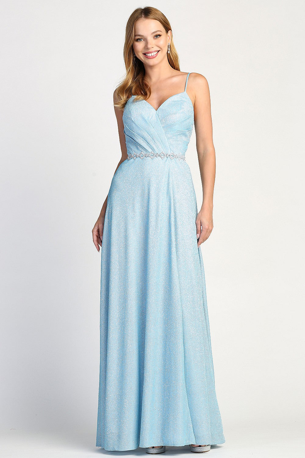 Prom Dresses Pleated Long Formal Metallic Glitter Prom Dress Sky Blue