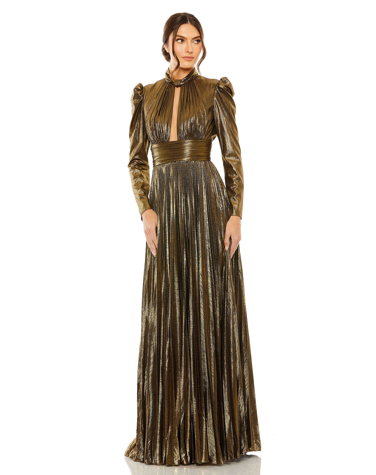 Formal Dresses Long Sleeve Pleated Formal Prom Keyhole Dress Antique Gold