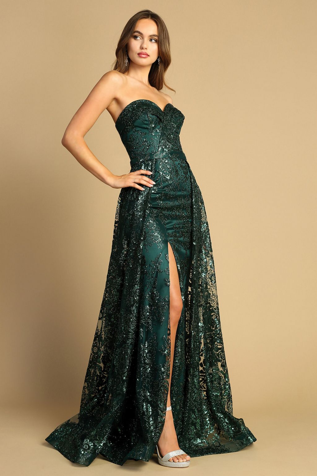 Prom Dresses Prom Long Glitter Print Overskirt Formal Dress Dark Emerald