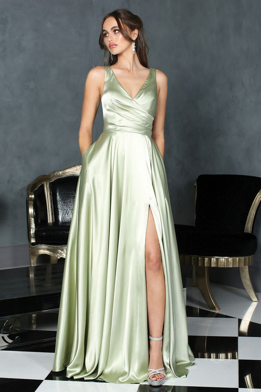 Prom Dresses Pleated Long Formal Slit A Line Prom Dress Sage