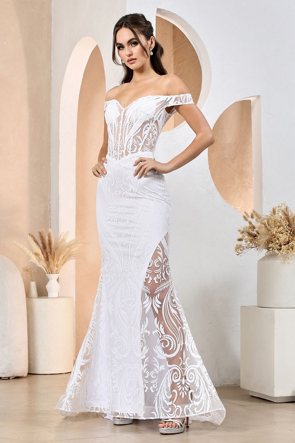 Wedding Dresses Long Mermaid Glitter Print Wedding Dress White