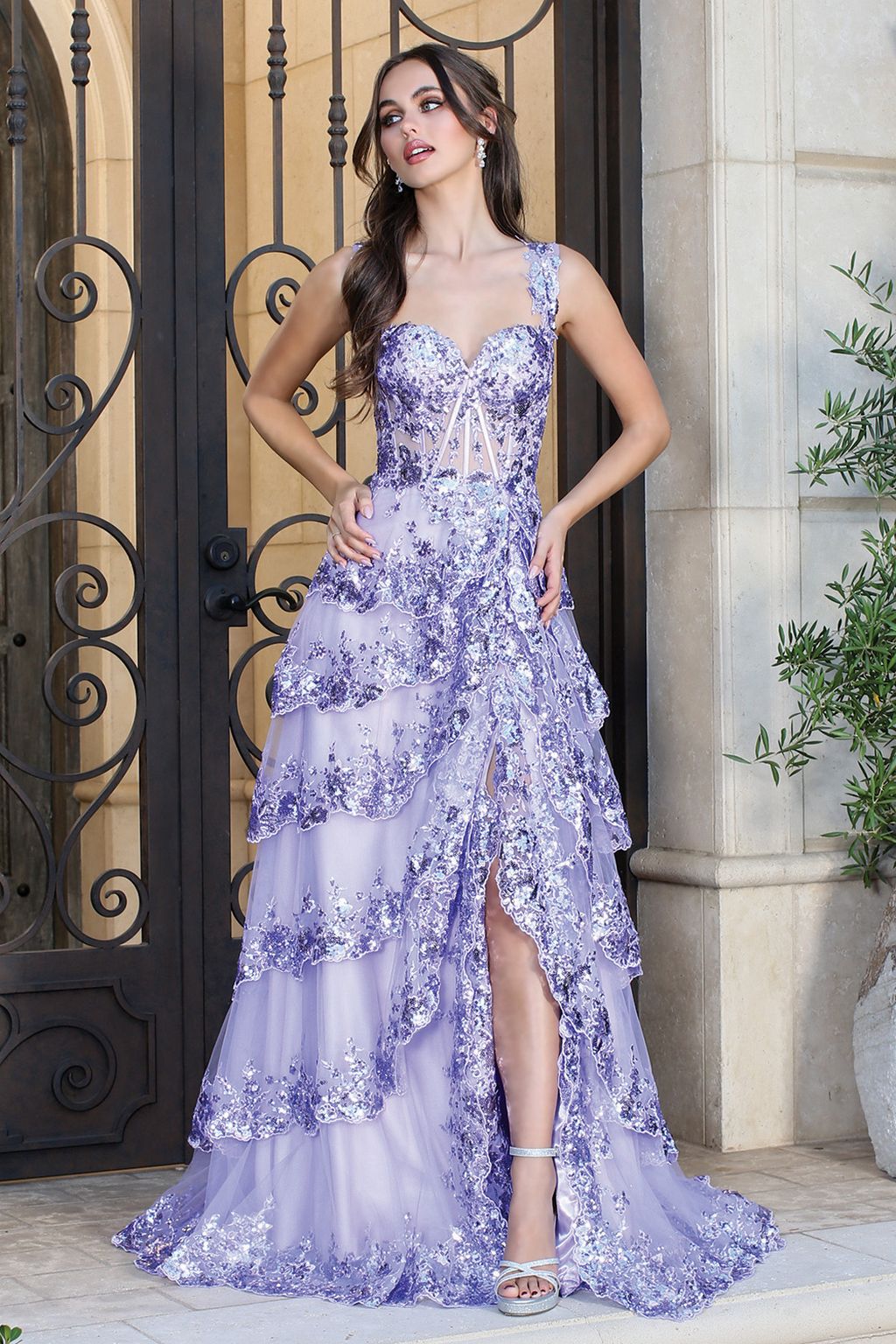 Prom Dresses Long Formal Sequin Applique Tiered A Line Prom Dress Lilac