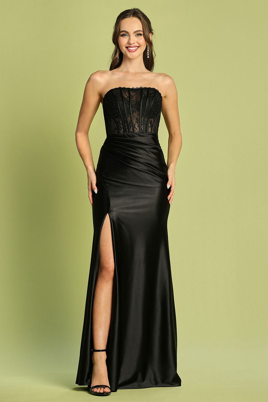 Prom Dresses Pleated Long Formal Lace Corset Prom Dress Black