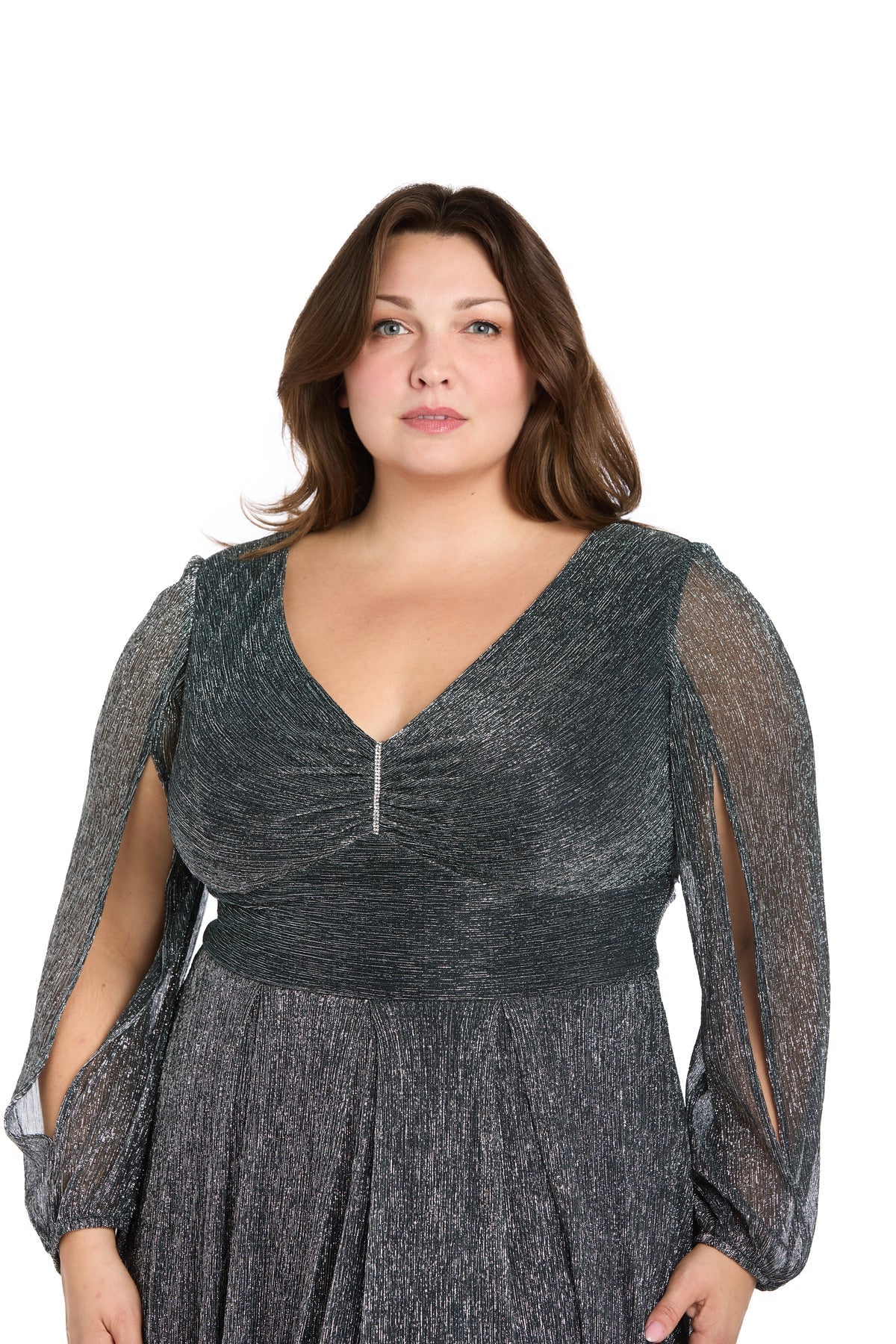 Plus Size Dresses Plus Size Long Sleeve Metallic Formal Dress  Gunmetal