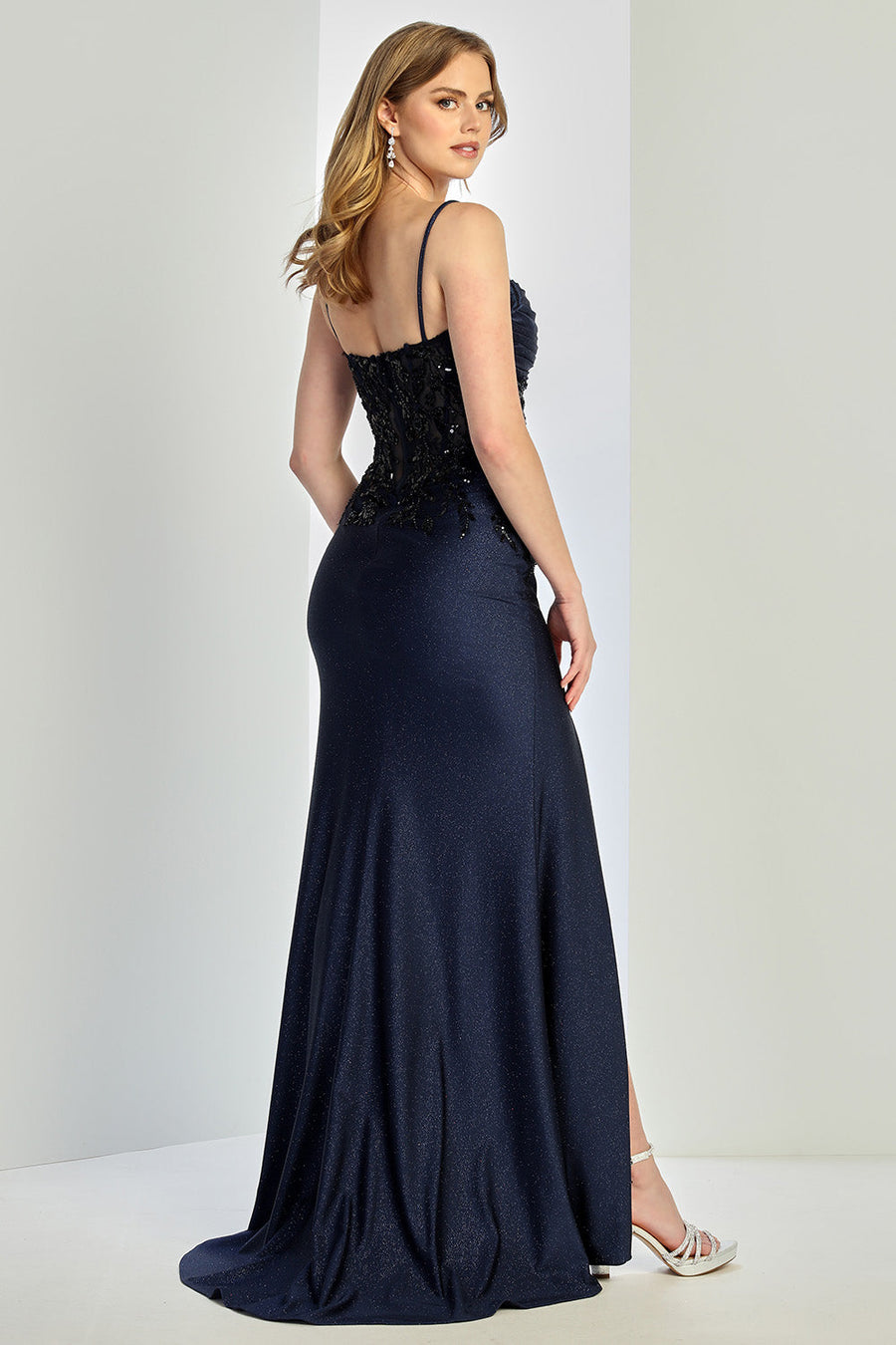 Prom Dresses Fitted Slit Long Formal Glitter Corset Prom Dress Navy