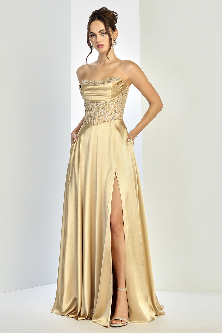 Prom Dresses Pleated A Line Long Formal Corset Pocket Pocket Dress Gold