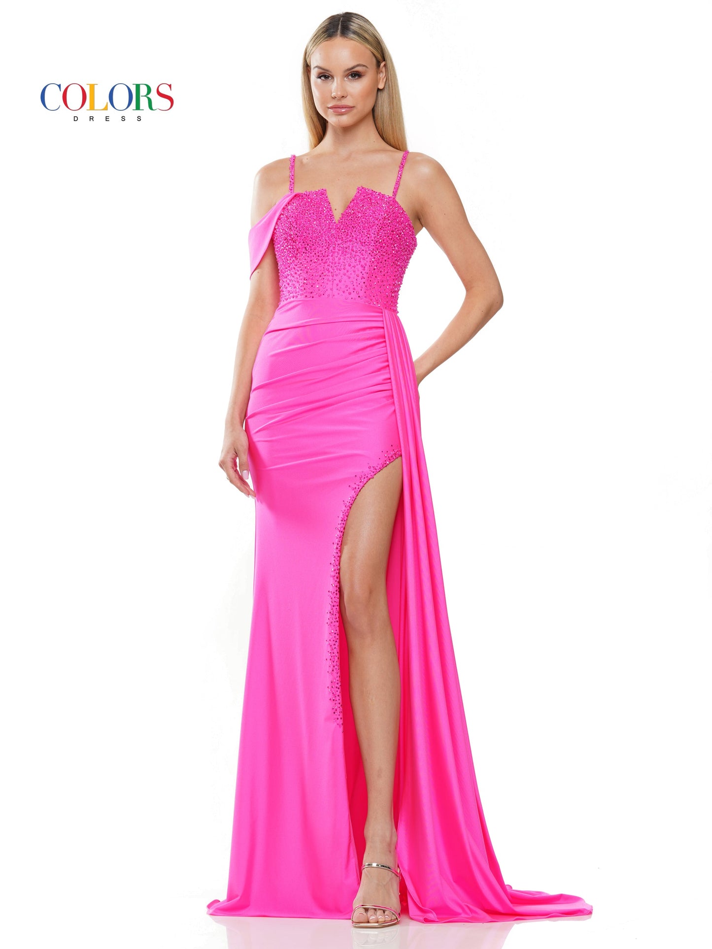 Prom Dresses Long Beaded Slit Drape Skirt Prom Dress Hot Pink
