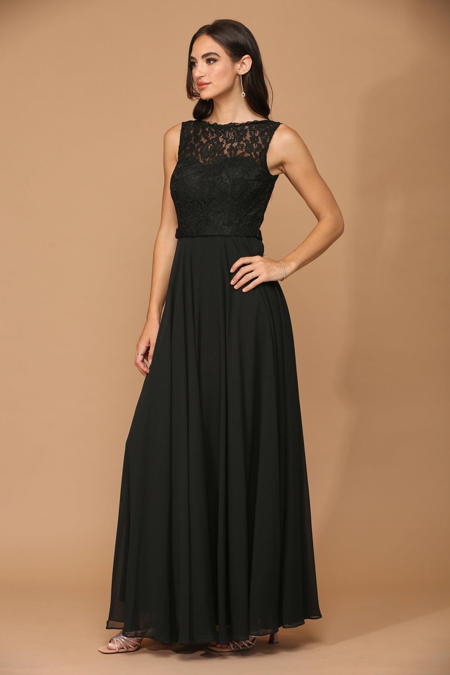 Long Sleeveless Bridesmaids Lace Chiffon Dress