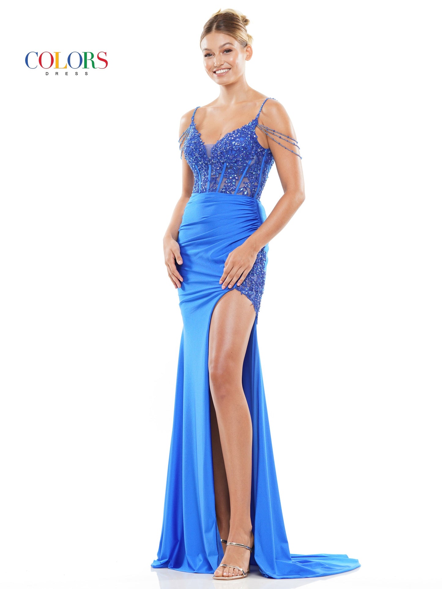 Prom Dresses Long Beaded Corset Bodice Front Slit Prom Dress Royal