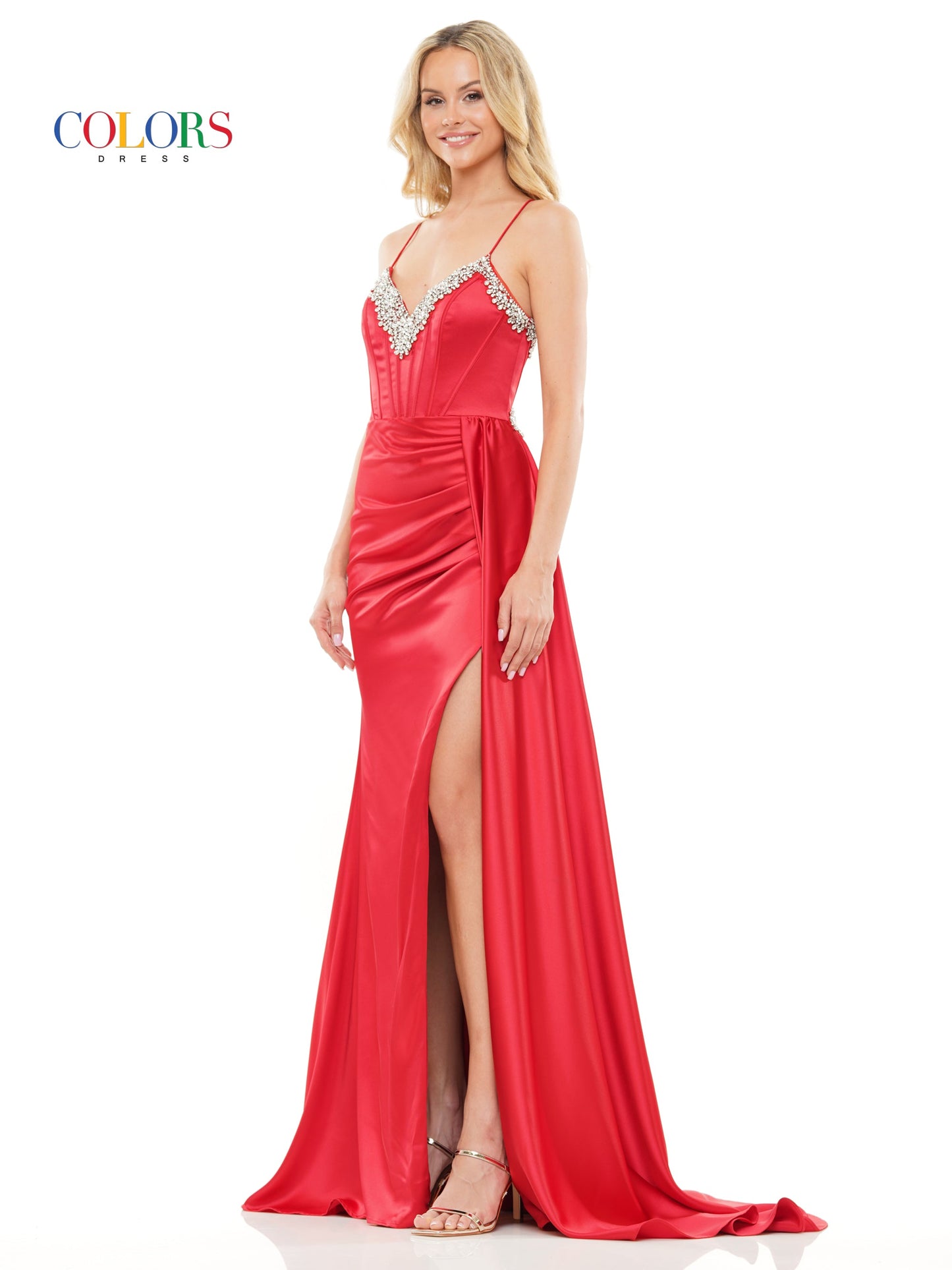 Prom Dresses Long Beaded Corset Bodice Front Slit Satin Prom Dress Red