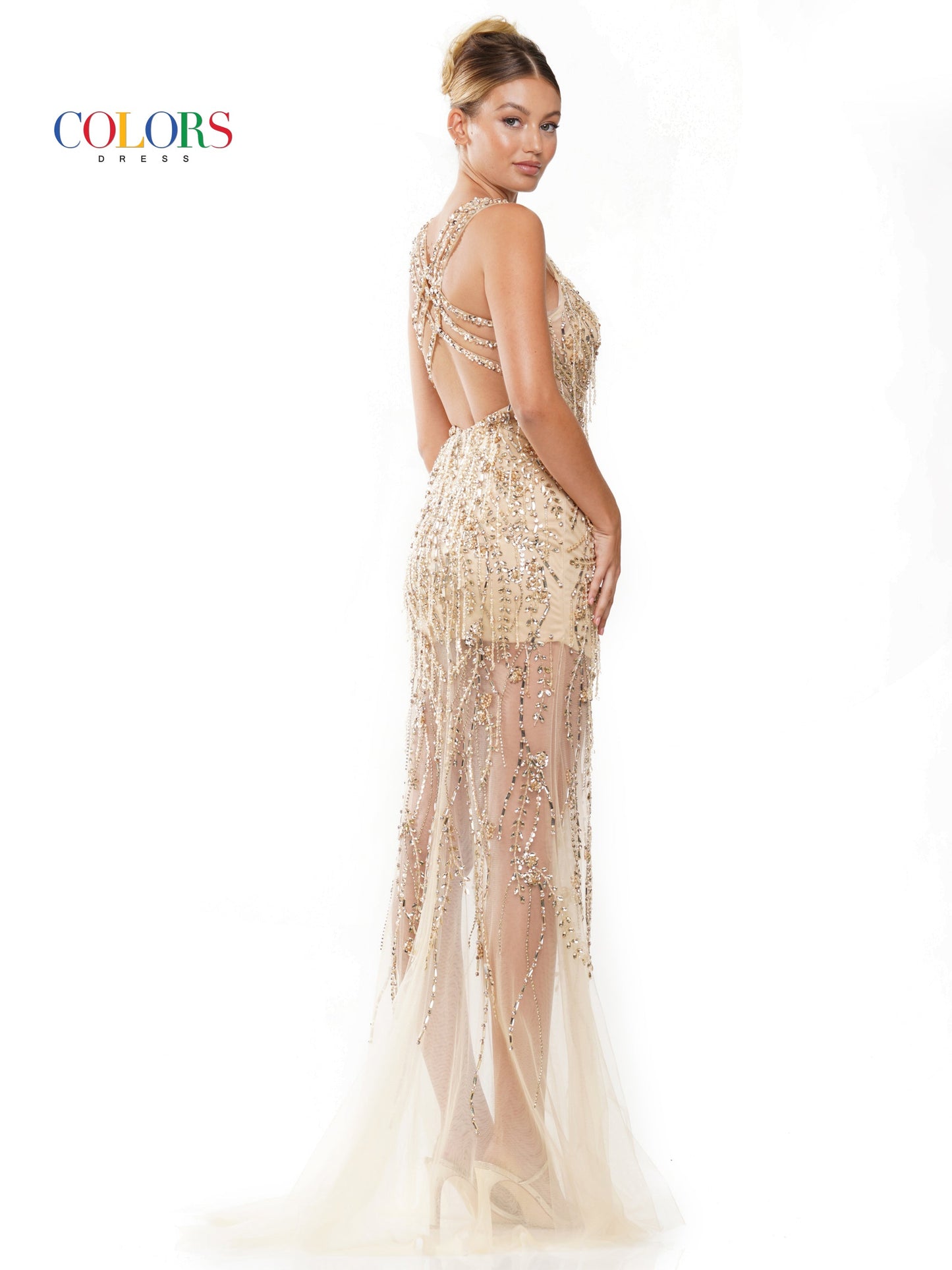 Prom Dresses Long Beaded Mesh Cross Back Sleeveless Prom Dress Gold