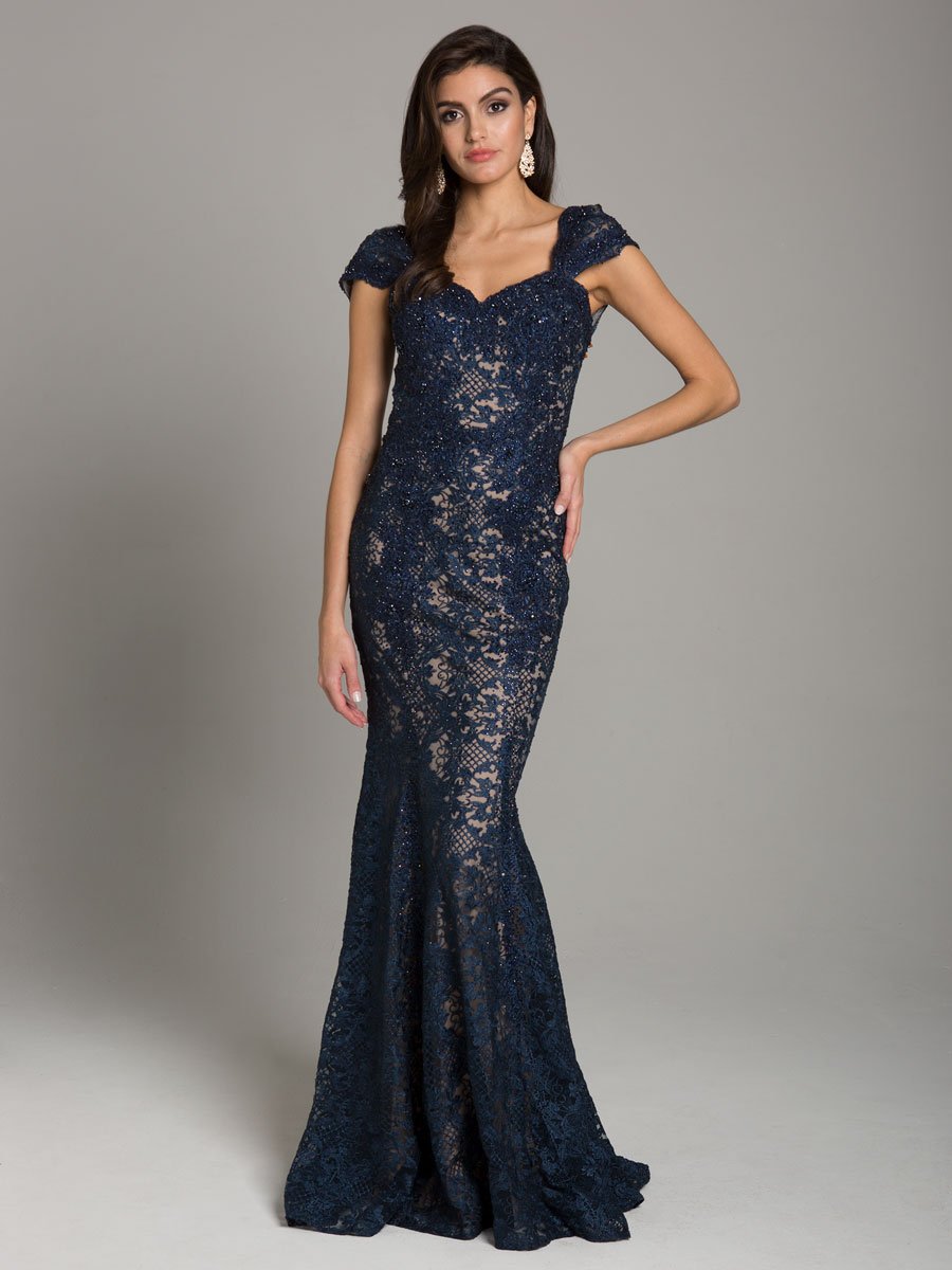 Formal Dresses Fitted Lace Long Formal Mermaid Evening Dress Navy