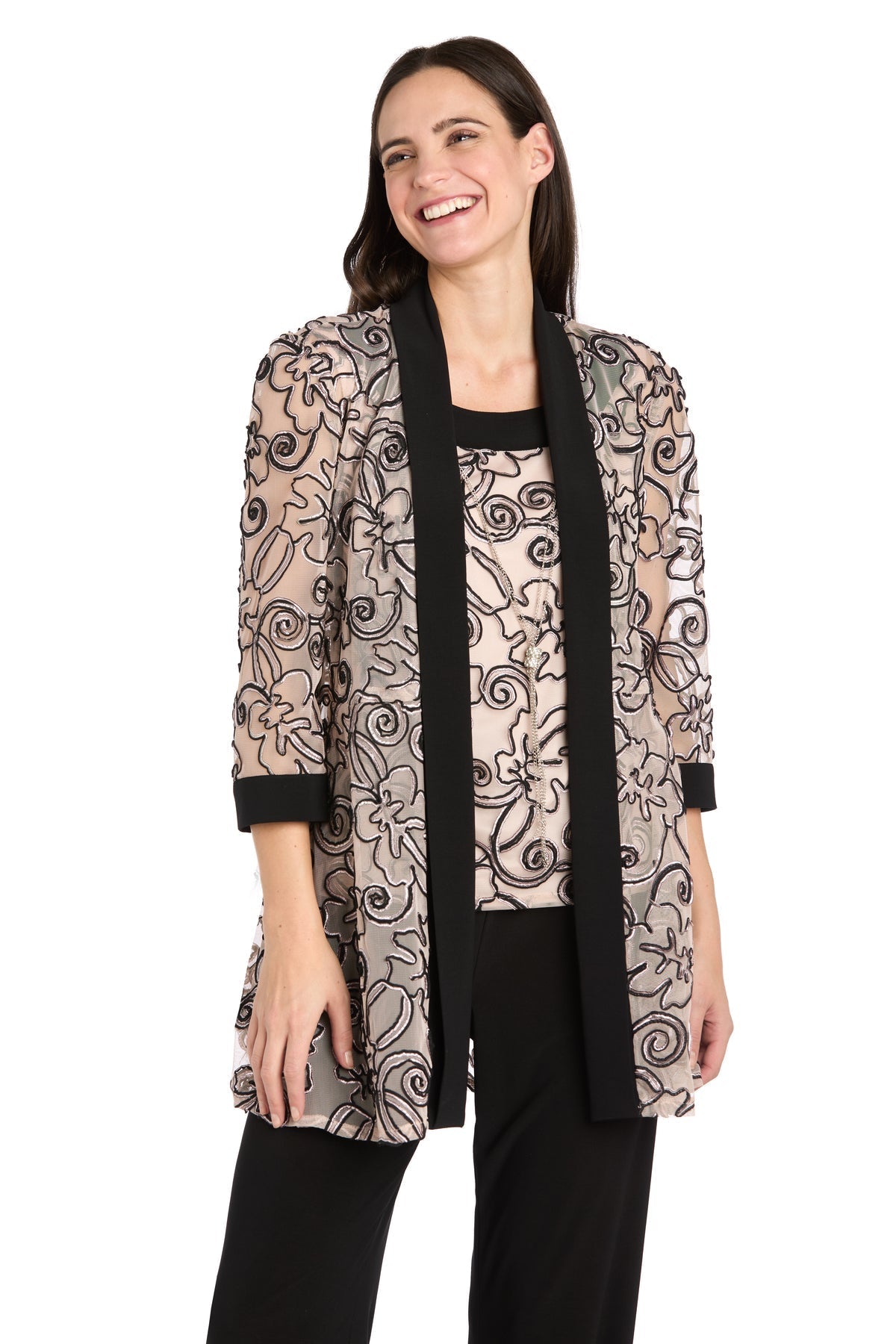 Pant Suit Long Formal 3D Floral Jacket Pant Suit Black/Blush