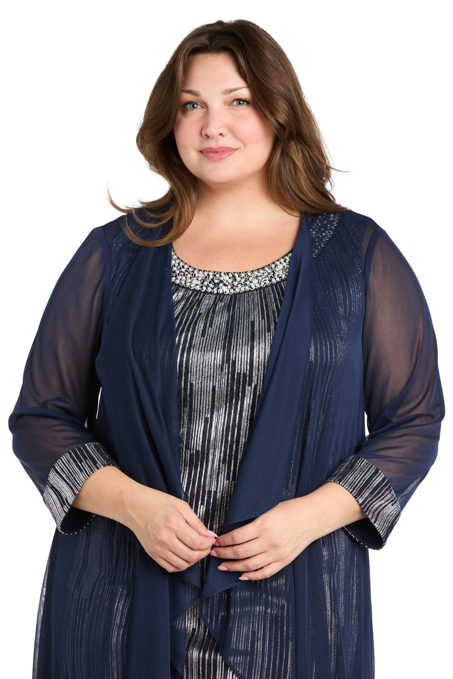 Plus Size Dresses Short Cocktail Plus Size Metallic Jacket Dress Navy/Silver