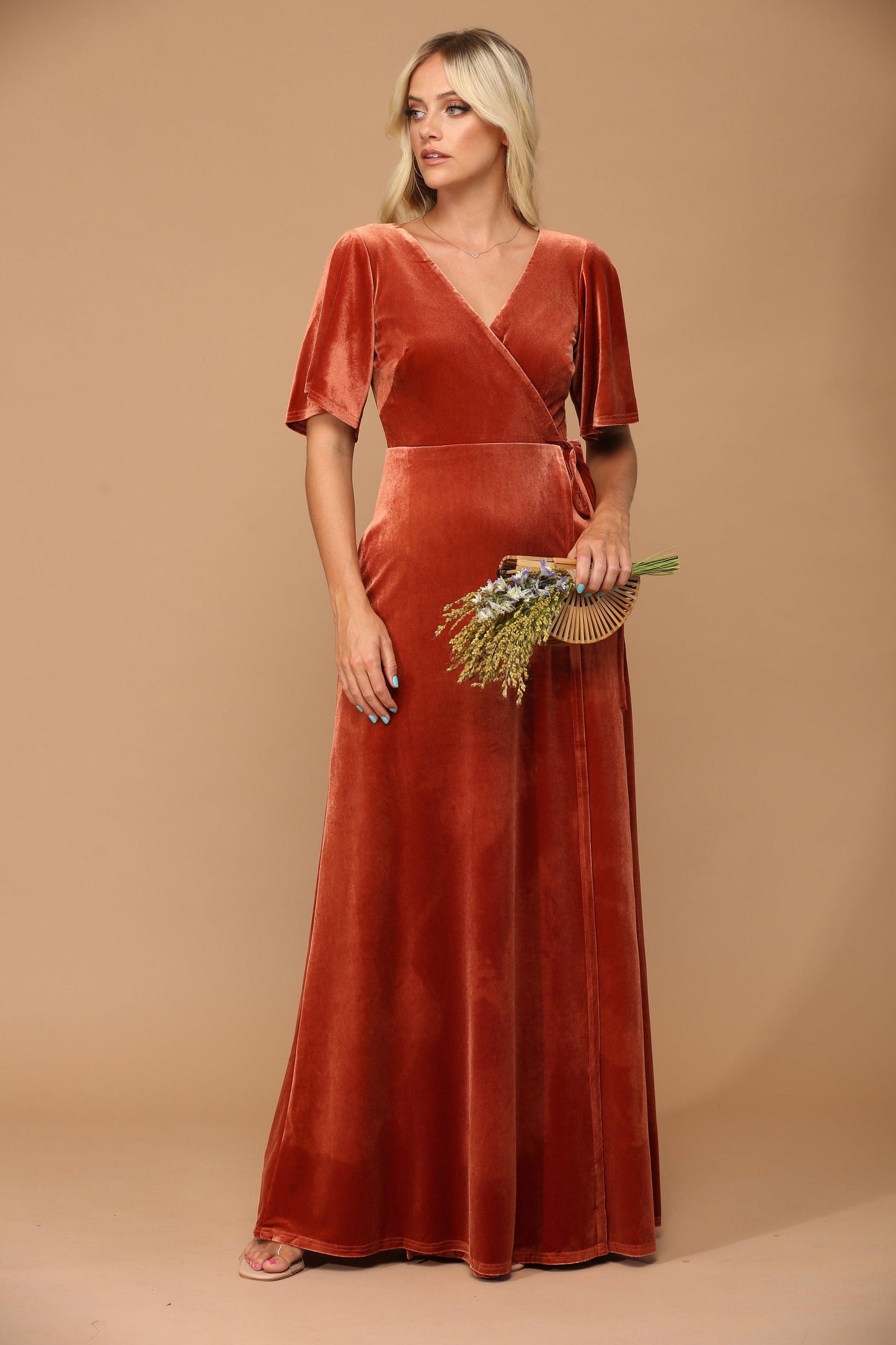 Mother of the Bride Long Flutter Sleeve Velvet Gown