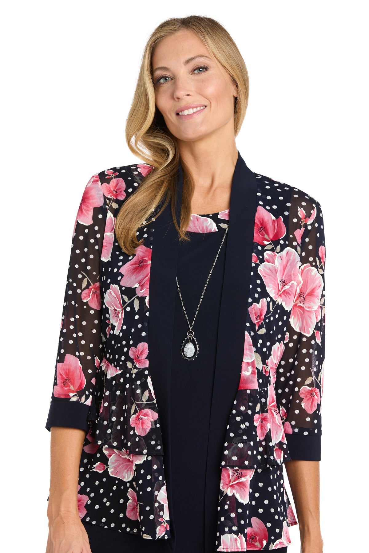 Mother of the Bride Dresses Mother of the Bride Floral Print Short Jacket Dress Navy/Rose