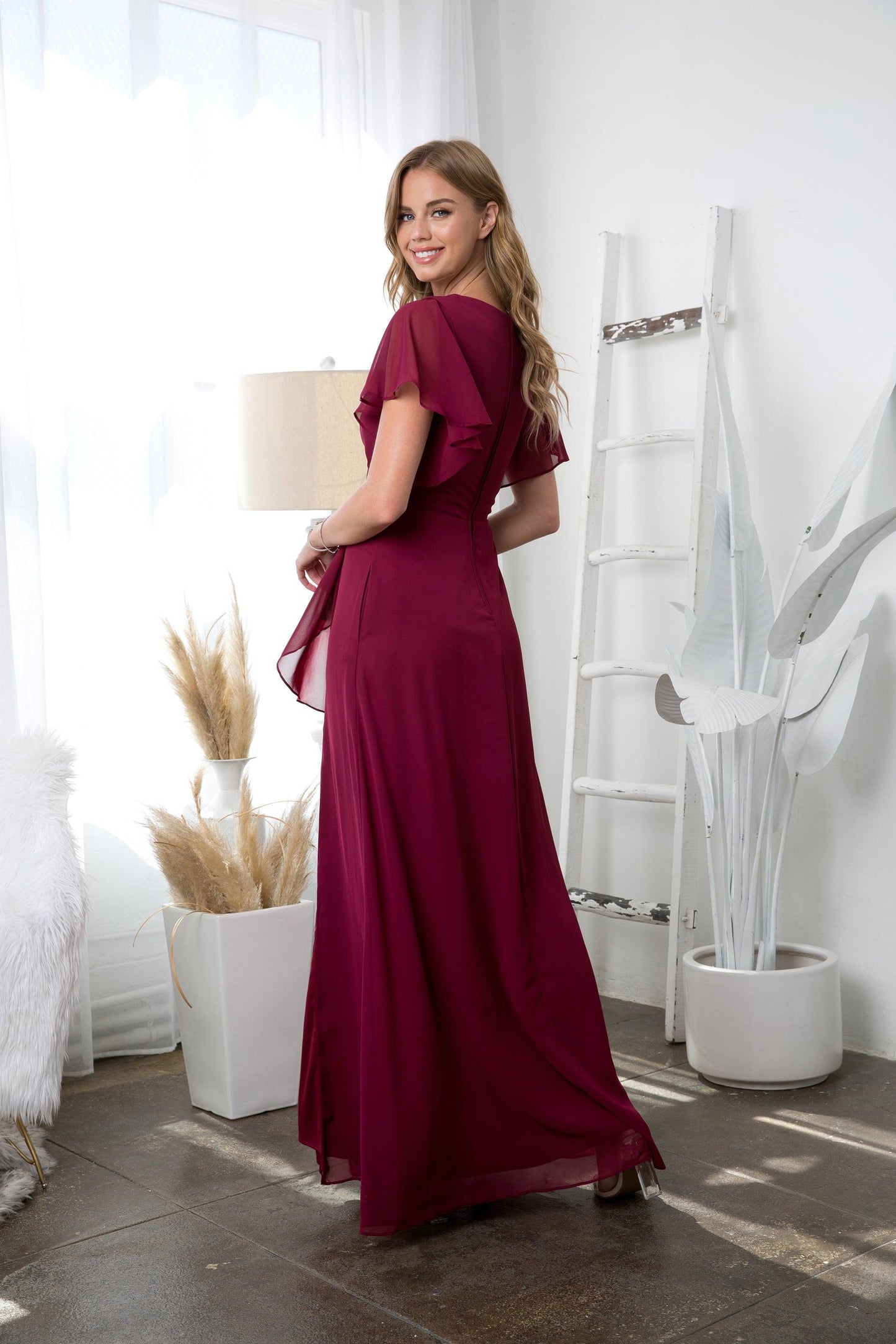 Long Formal Ruffle Sleeve Chiffon Evening Dress Sale