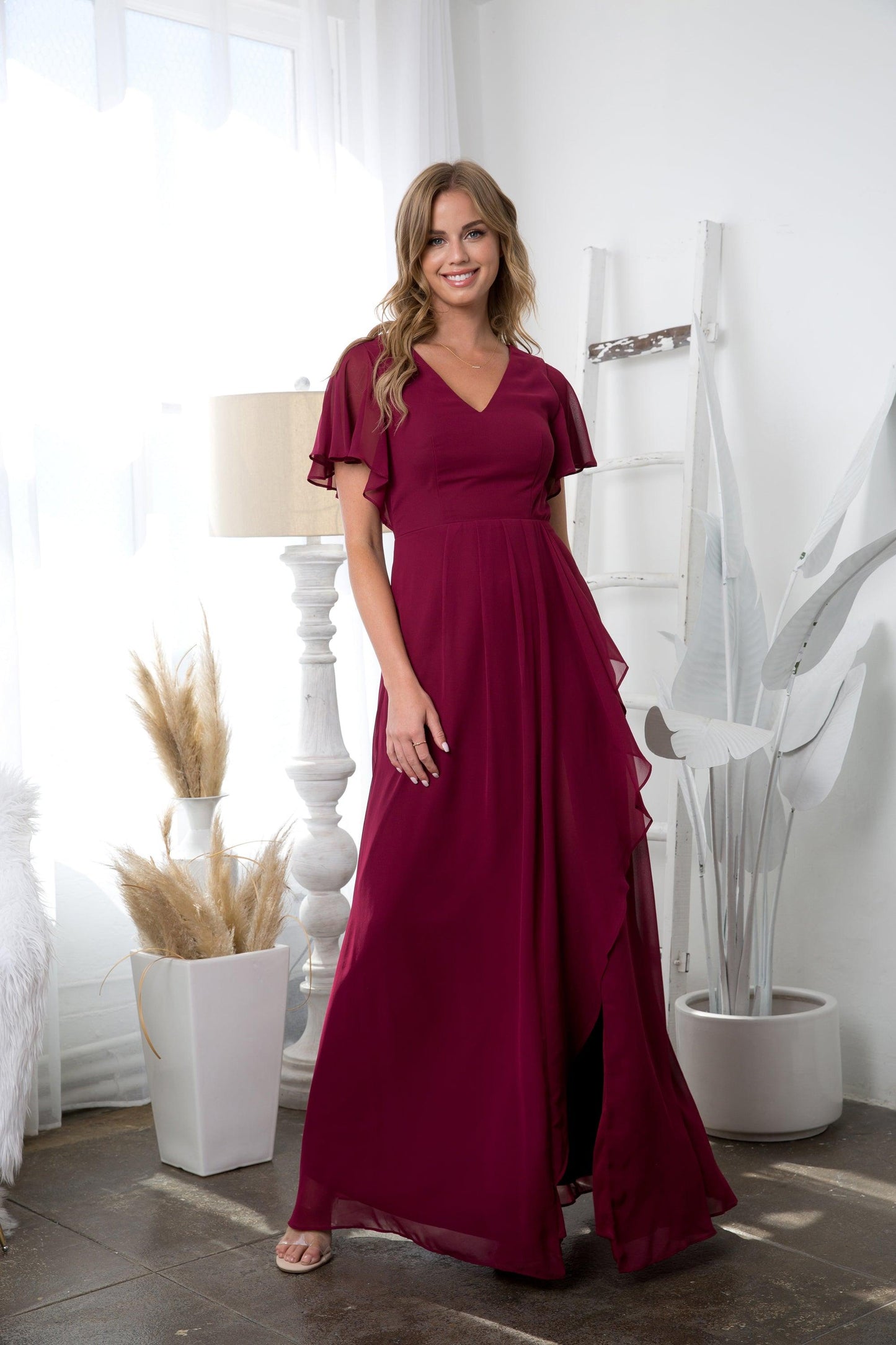 Long Formal Ruffle Sleeve Chiffon Evening Dress Sale