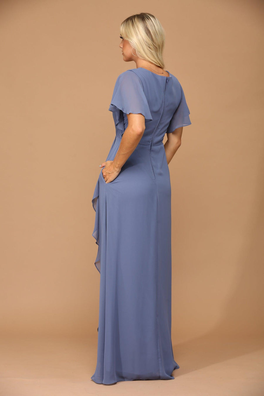 Long Formal Ruffle Sleeve Chiffon Evening Dress