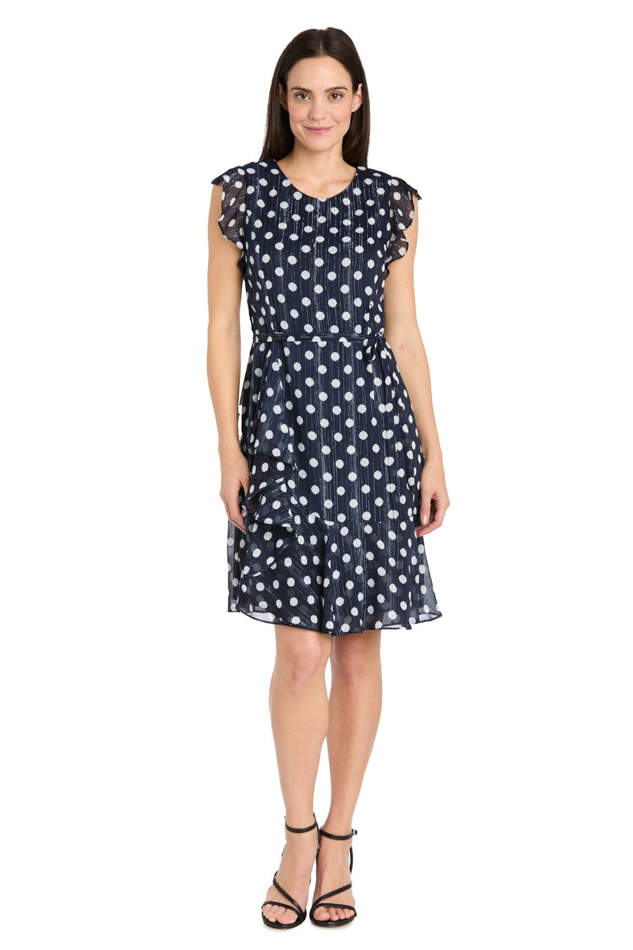 Cocktail Dresses Short Petite Polka Dot Ruffle Cocktail Dress Navy/White