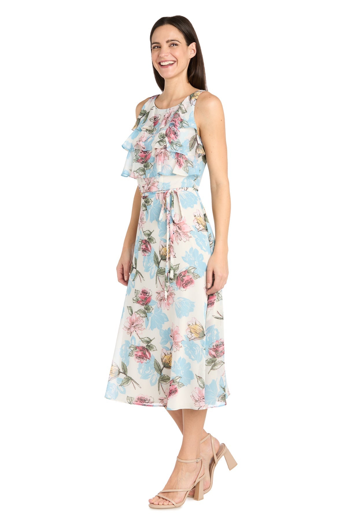 Cocktail Dresses Short Ruffle printed Cocktail Midi Length Dress Ivory/Denim