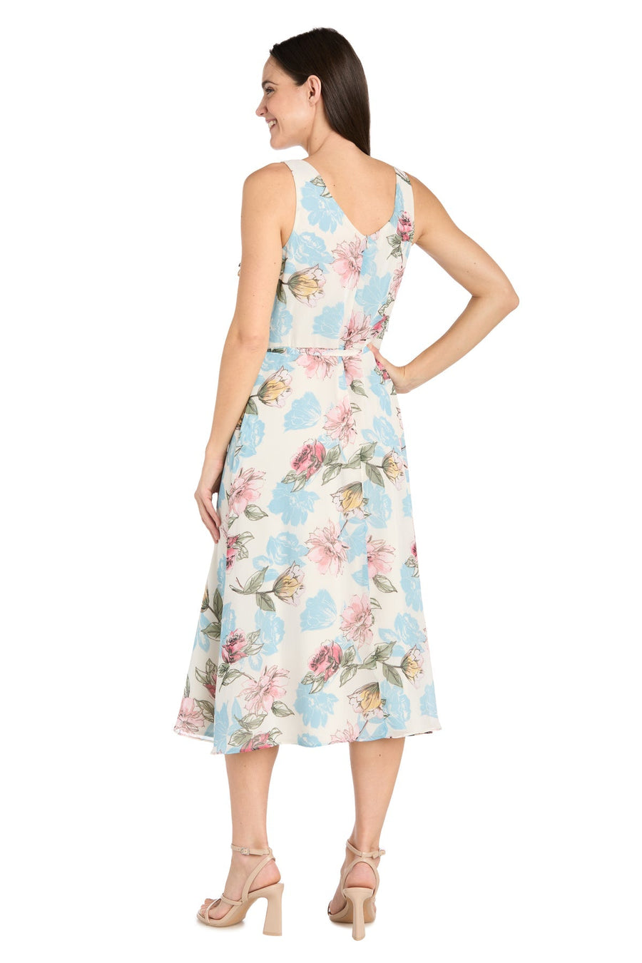 Cocktail Dresses Short Ruffle printed Cocktail Midi Length Dress Ivory/Denim