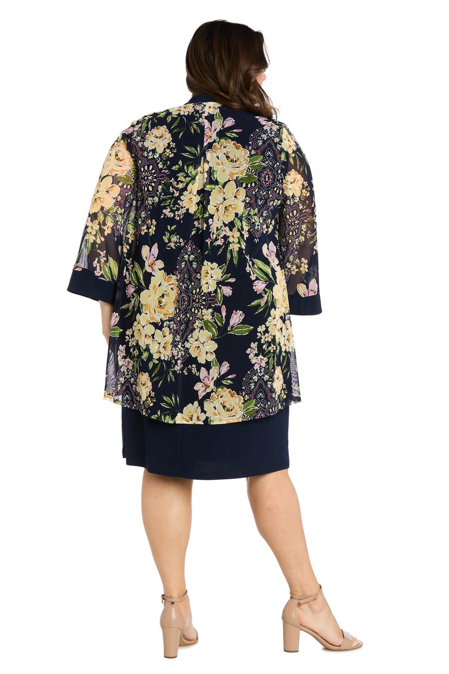 Plus Size Dresses Two Piece Short Plus Size Floral Jacket Dres Navy/Yellow