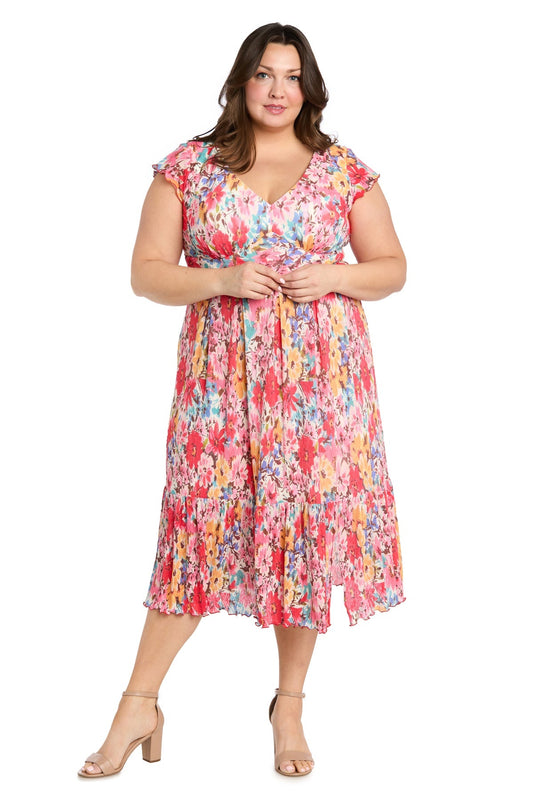 Plus Size Dresses Plus Size Ruffle Floral Print Midi Dress Coral/Multi