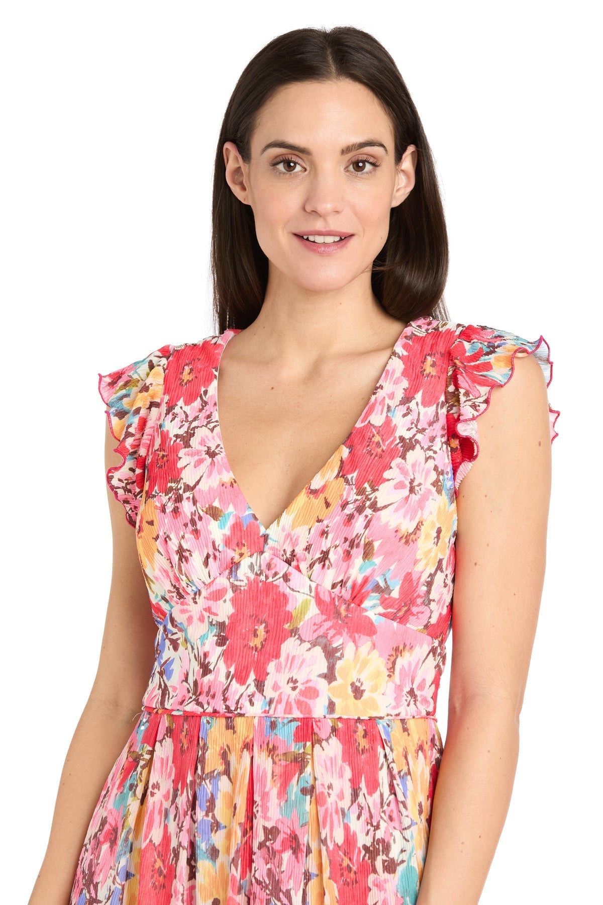 Cocktail Dresses Floral Print Ruffle Midi Cocktail Dress Coral/Multi