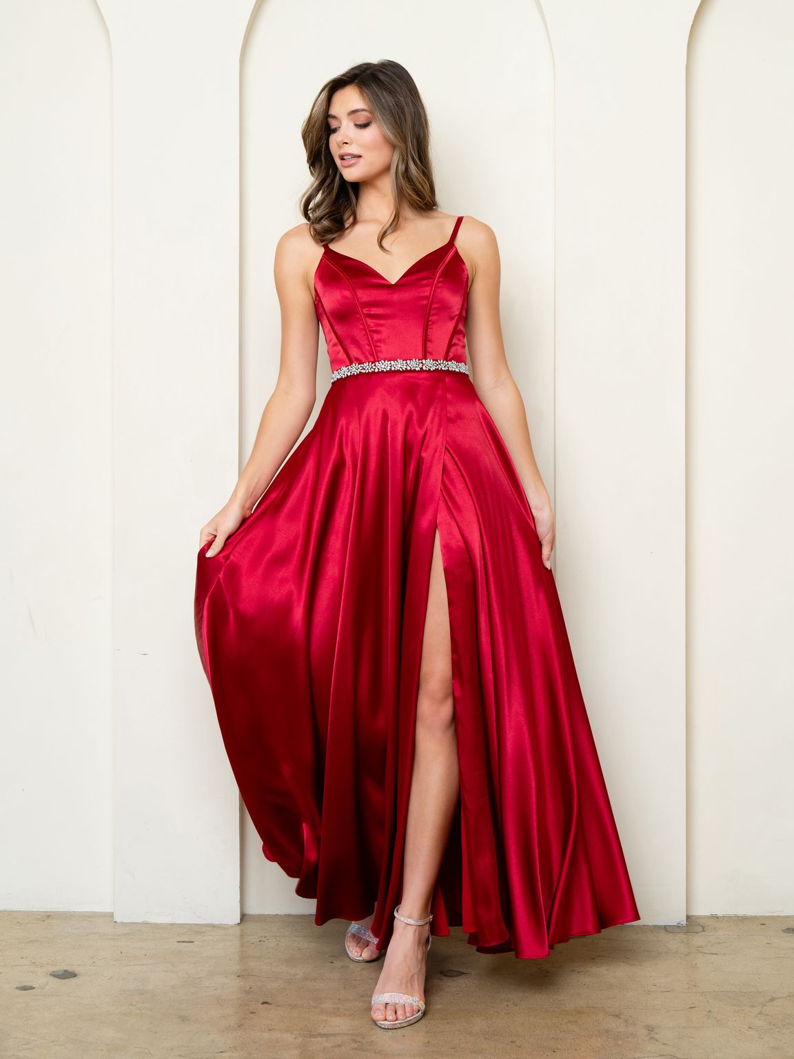 Prom Dresses A Line Long Formal Slit Pocket Prom Dress Red