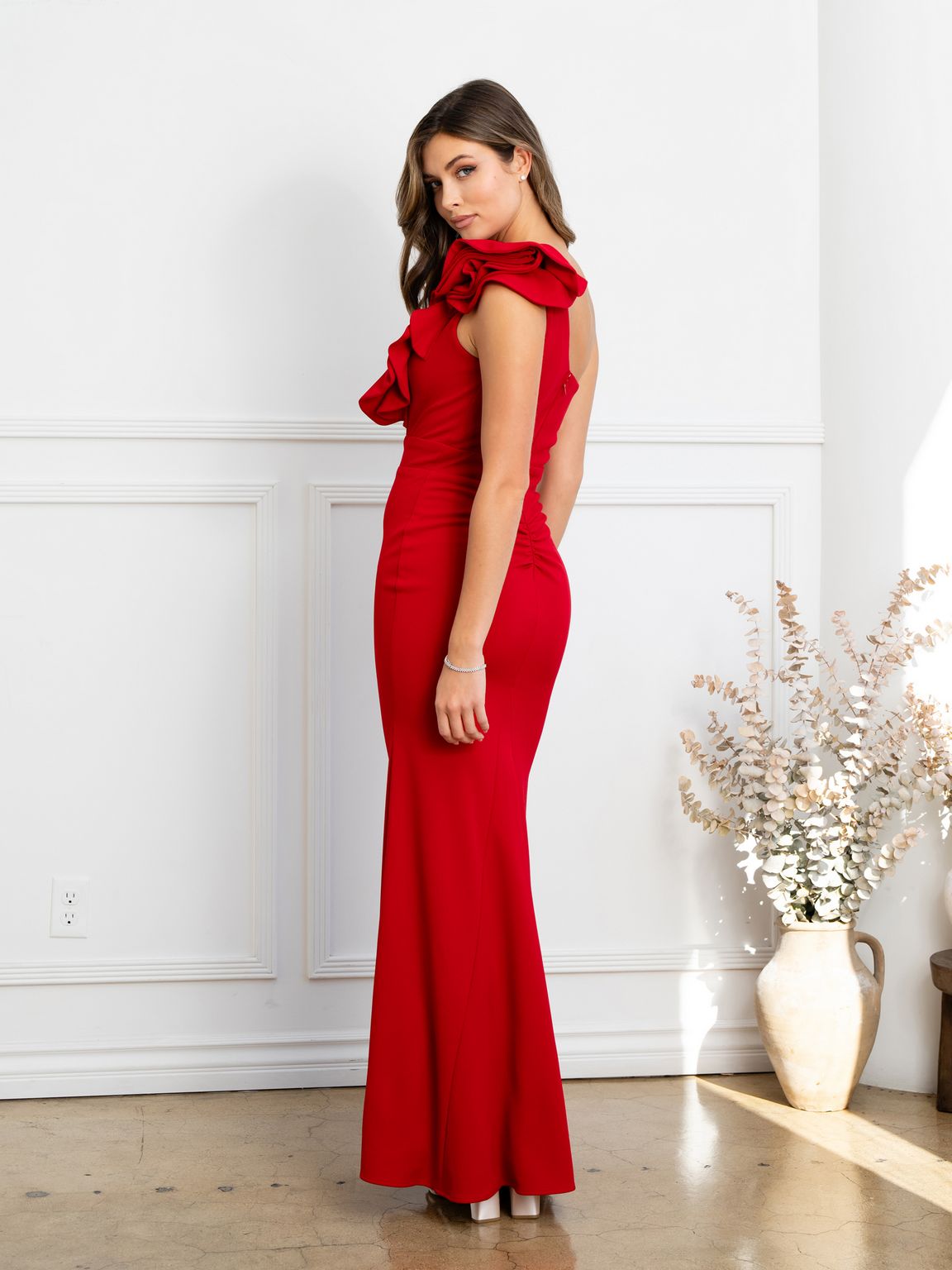 Prom Dresses Fitted Long Formal Ruffled Prom Dress Red