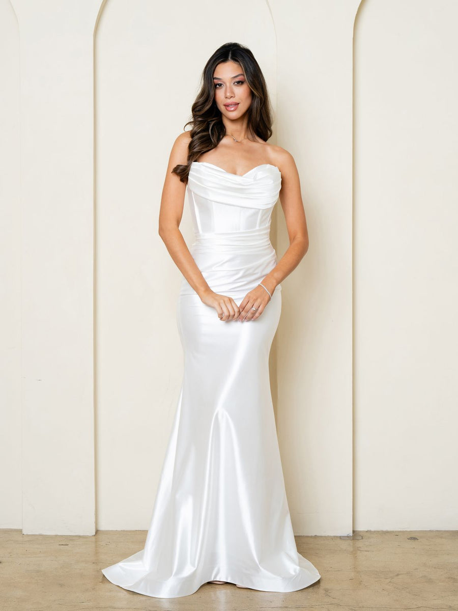 Wedding Dresses Long Simple Fitted Cowl Wedding Dress Off White