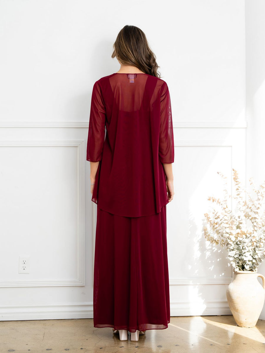 Prom Dresses Two Piece Long Formal Beaded Evening Dress Burgundy