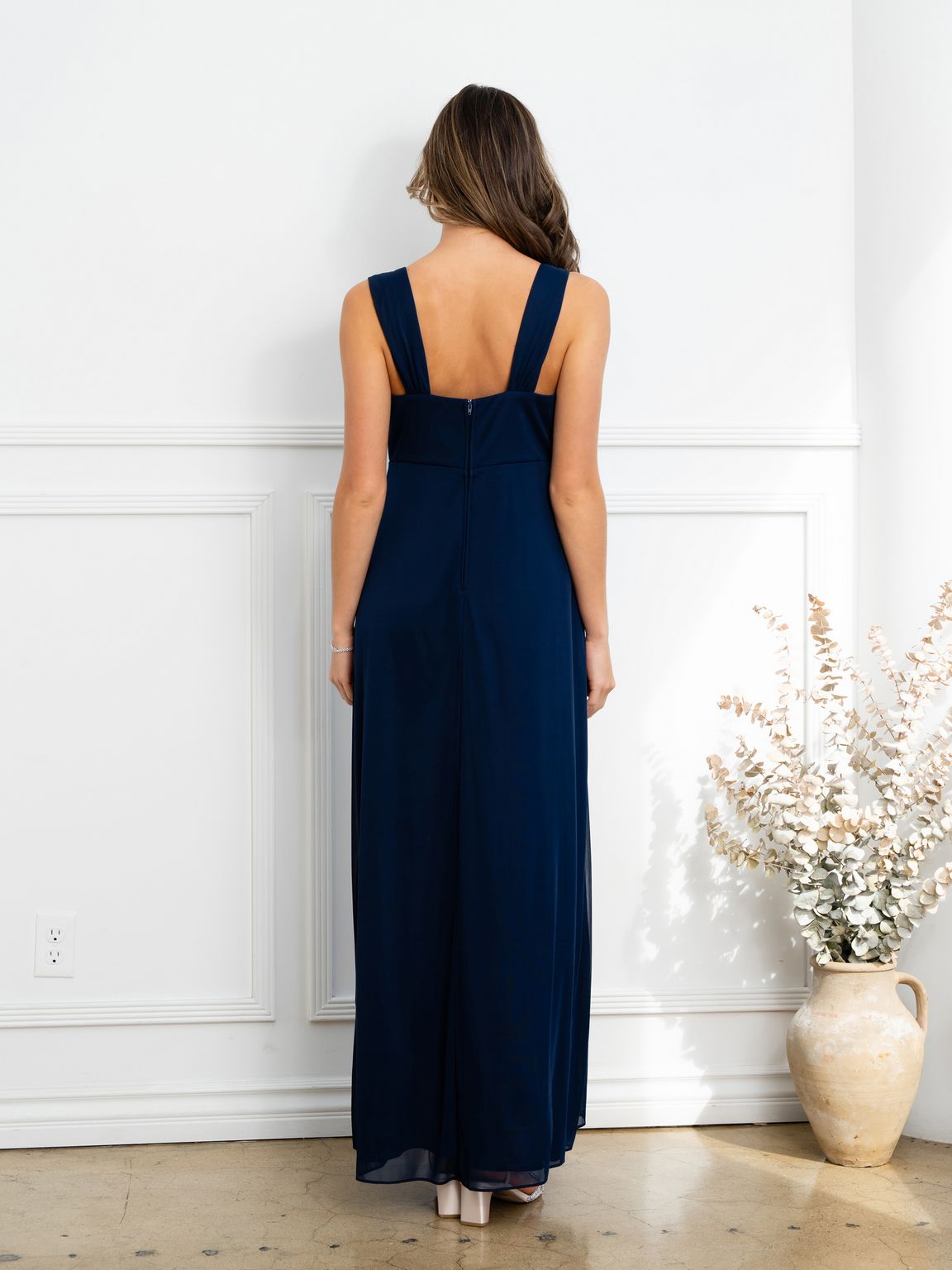 Prom Dresses Two Piece Long Formal Beaded Evening Dress Navy