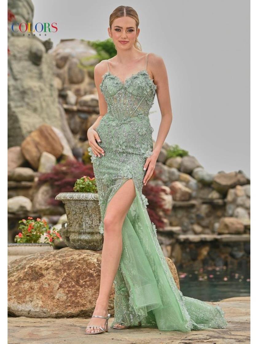 Prom Dresses Formal Fitted Flare Slit Prom Dress Sage