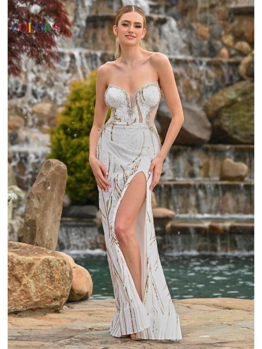 Prom Dresses Long Fitted Formal Beaded Flare Prom Dress White Gold