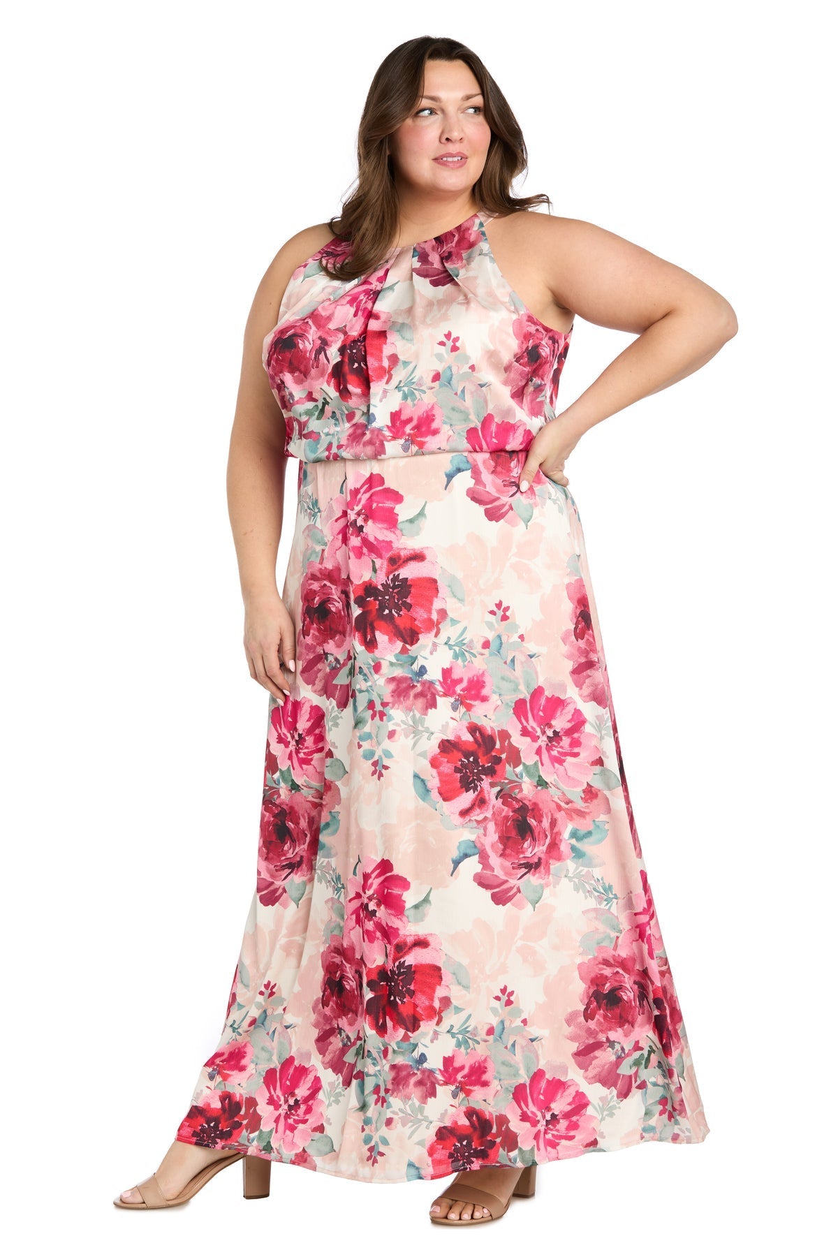 Plus Size Dresses Long Plus Size Formal Floral Print Maxi Dress Cream/Rose