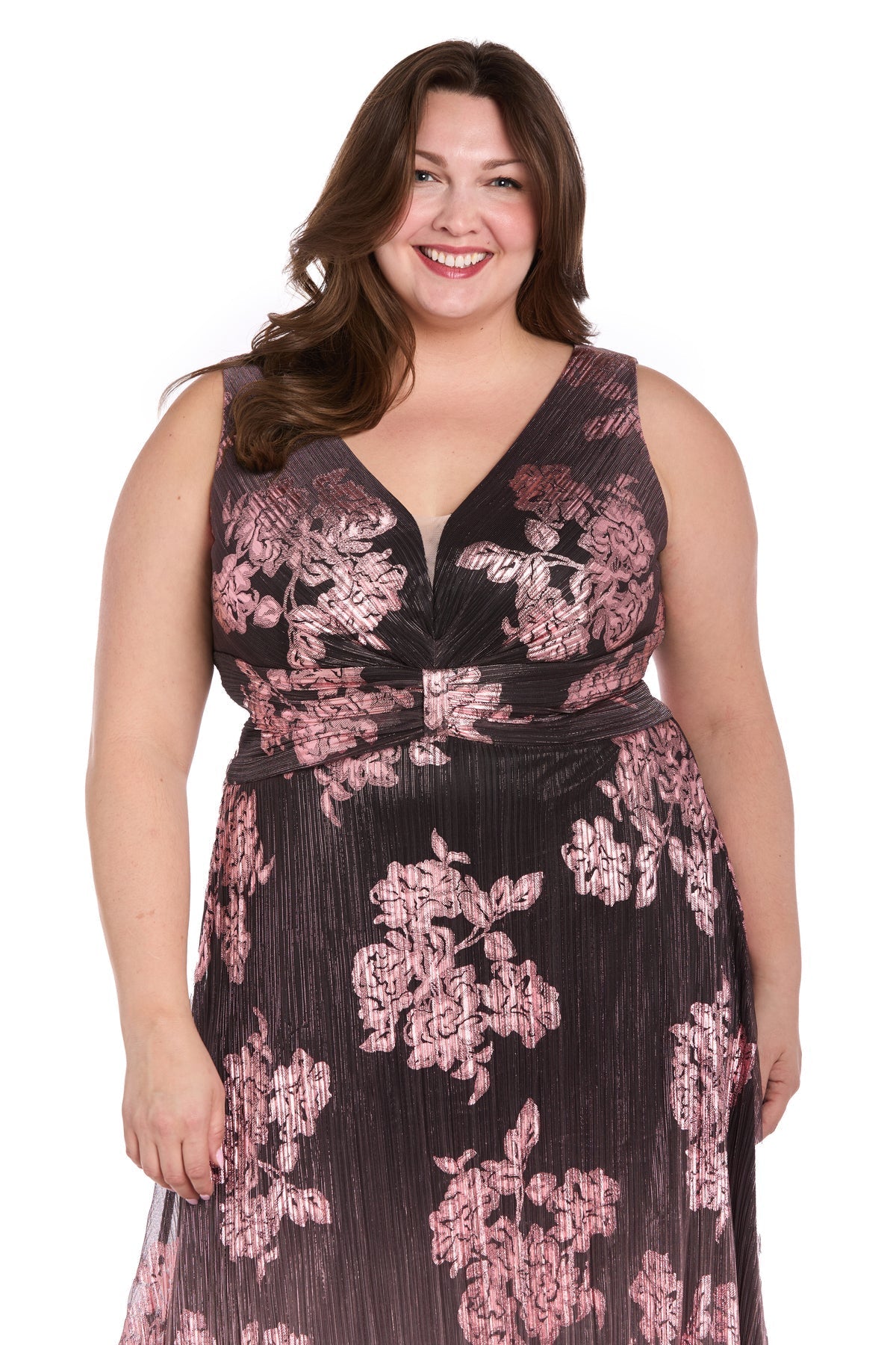 Plus Size Dresses Plus Size Long Floral Metallic Ombre  Formal Dress Charcoal/Rose