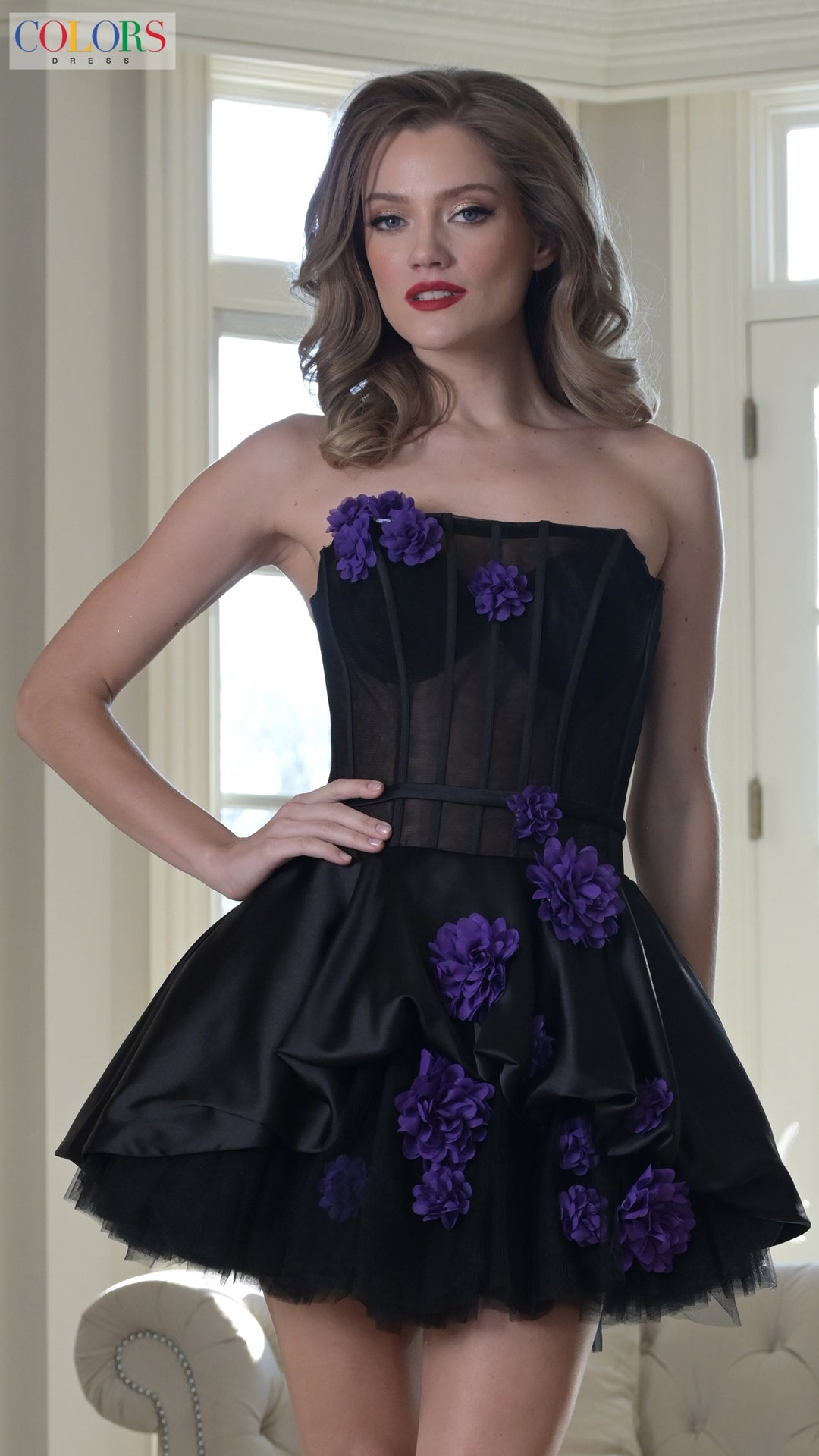 Cocktail Dresses Short Floral Applique Mini Cocktail Dress Black Purple